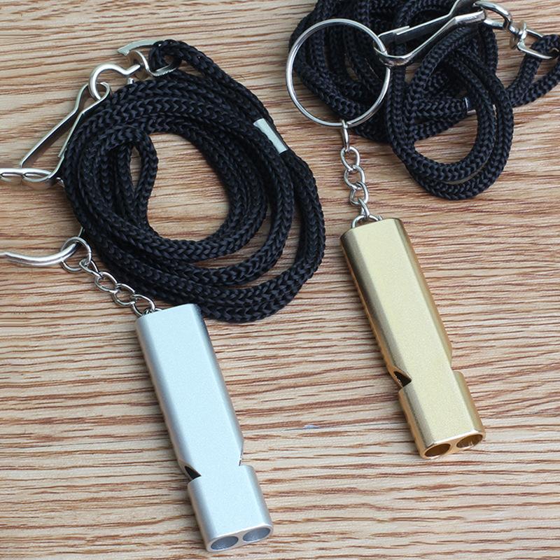 Flat Aluminum Alloy Double Tube Whistle Professional With Rope Portable Outdoor Survival Whistle Tool