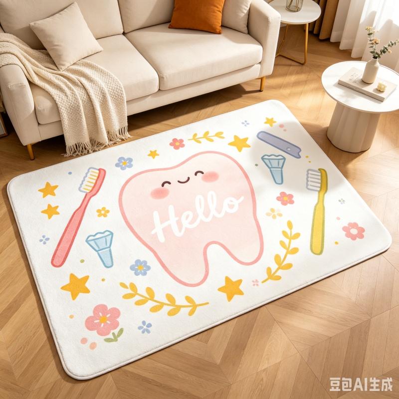 White Flannel Large Area Rug Hello Cartoon Teeth Floral Print Non Slip Soft Floor Carpet For Living Room