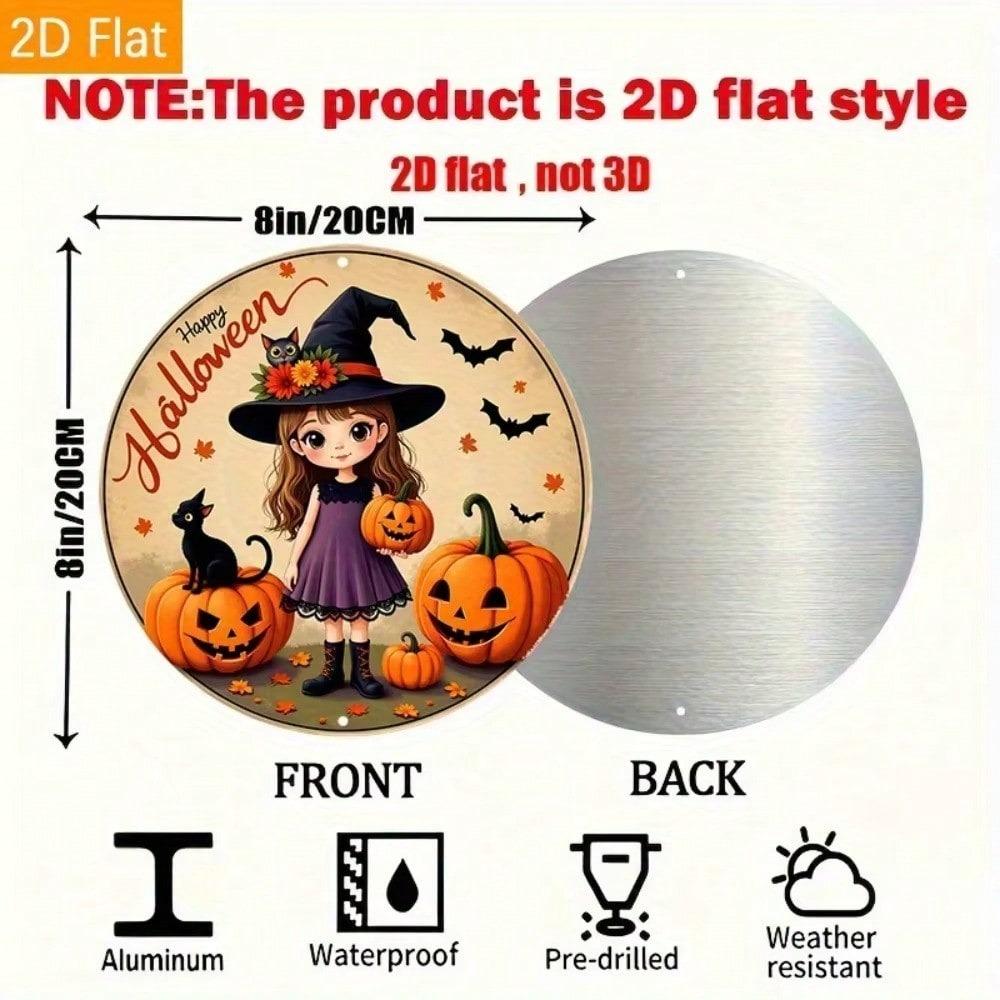 Vintage Halloween Witch Aluminum Round Wall Sign, Black Cat Pumpkins Bats Gothic Metal Art Decor