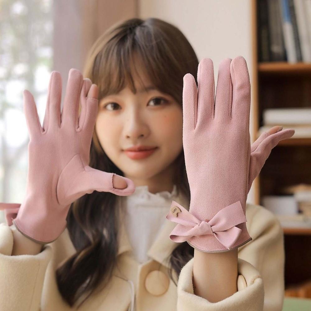 Soft Women Anti-cold Mittens Bow Windproof Finger Mittens 2 Finger Flip Gloves  Winter