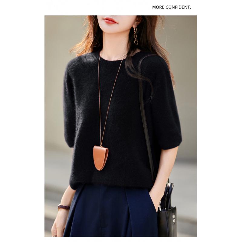 Seamless Round Neck Fleece Wool Half-Sleeve Women's Knit Top Sweater for Autumn/Winter