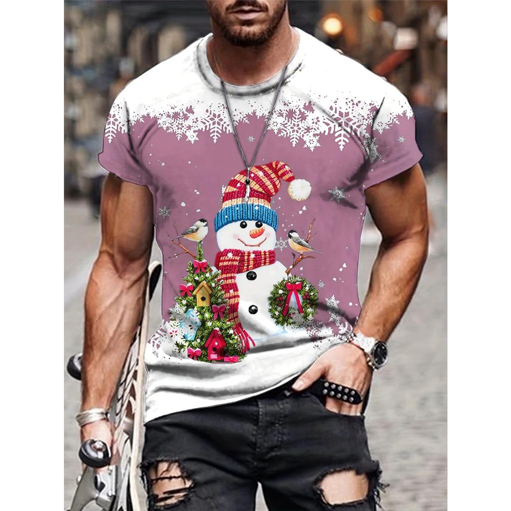 Weihnachtselement T-Shirt für Herren Lustiger Weihnachtsmann 3D-Druck Kurzarm T-Shirt Sommer Casual Rundhals Oversized Herrenbekleidung Top