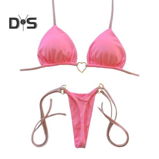 2Pcs/Set Women Bikini Set Heart Metal Buckle Halter Lace-up Swimsuit with Briefs Set Quick Drying Beachwear