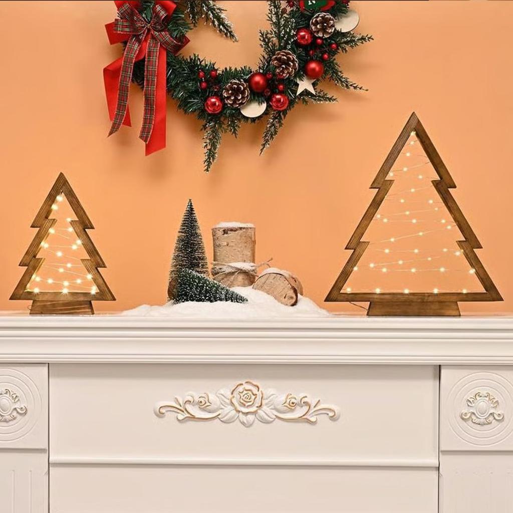 A Set Of Christmas Table Decorations, Two Sizes Of Wooden Christmas Tree Lights, Christmas Holiday Decoration Interior