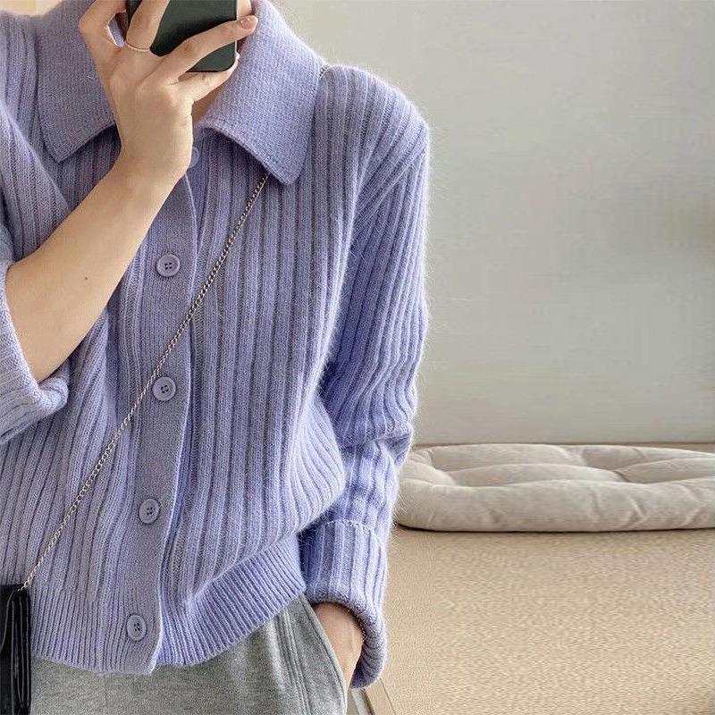 Autumn Women's Sweater Simple POLO Neck Knitted Cardigan Short Solid Color Top