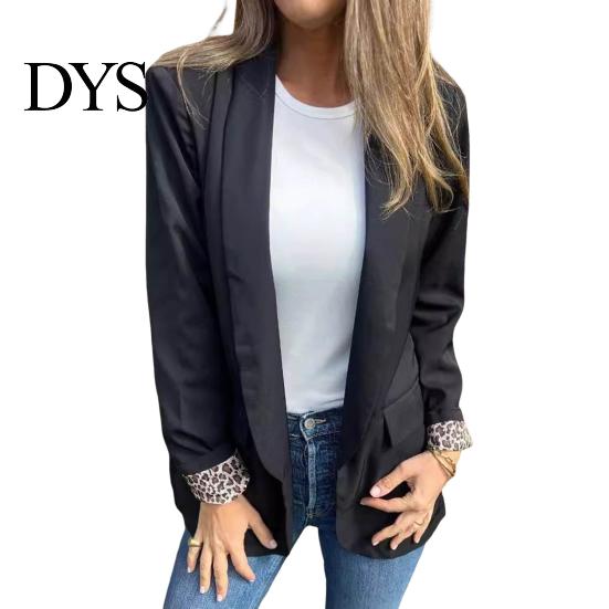 Leopard Print Office Coat Women Suit Lapel Long Sleeve Cuffs Workwear Jacket Solid Color Loose Fit Open Front Casual Business Outwear