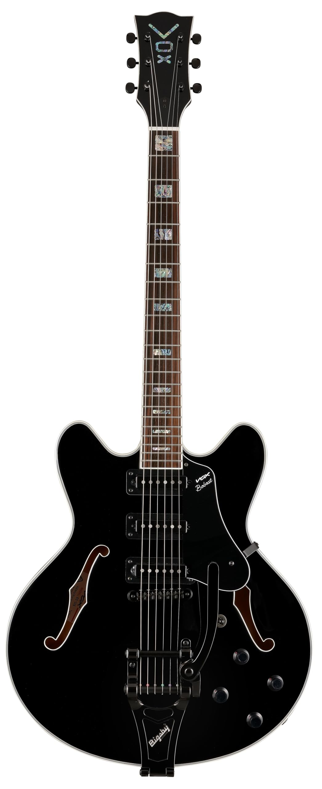 VOX Elektrická gitara s kobylkou Bigsby a 3 single cievkami Bobcat S66 s Bigsby Jet Black Polodutá