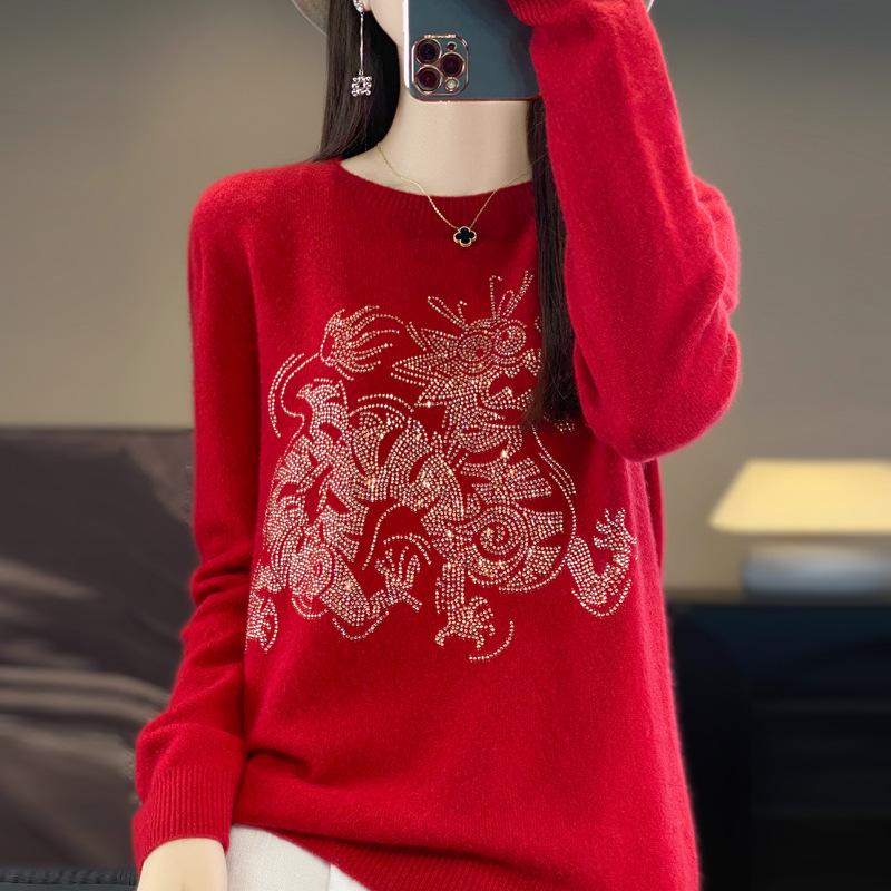 2024 Women's Zodiac Red Wool Sweater - Long Sleeve, Round Neck, Half High Neck