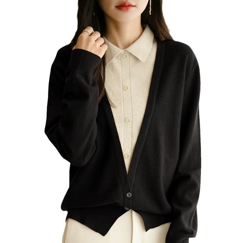 Women S V Neck Long Sleeve Fake Two Piece Knit Cardigan Casual Outerwear