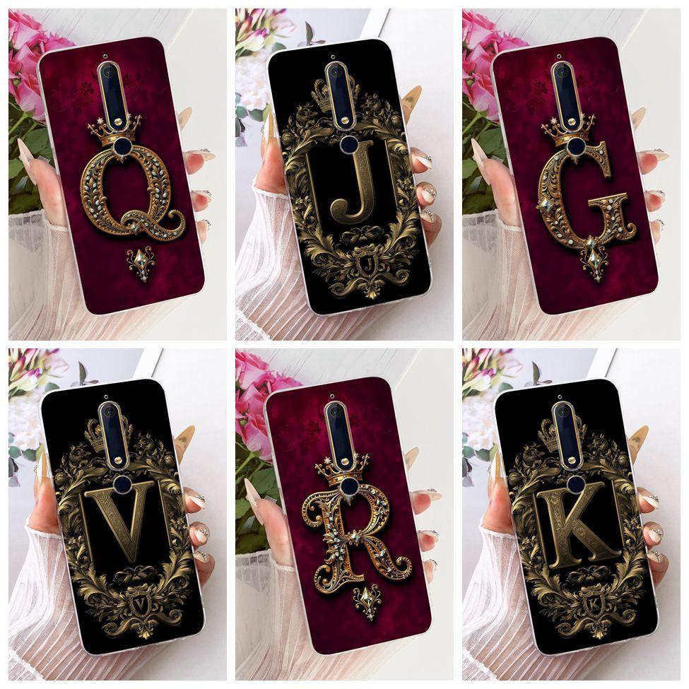 For Nokia 6 2018 Case Cover Transparent Luxury Crown A-Z Letters 2D Flat Pattern Soft Casing For Nokia 6