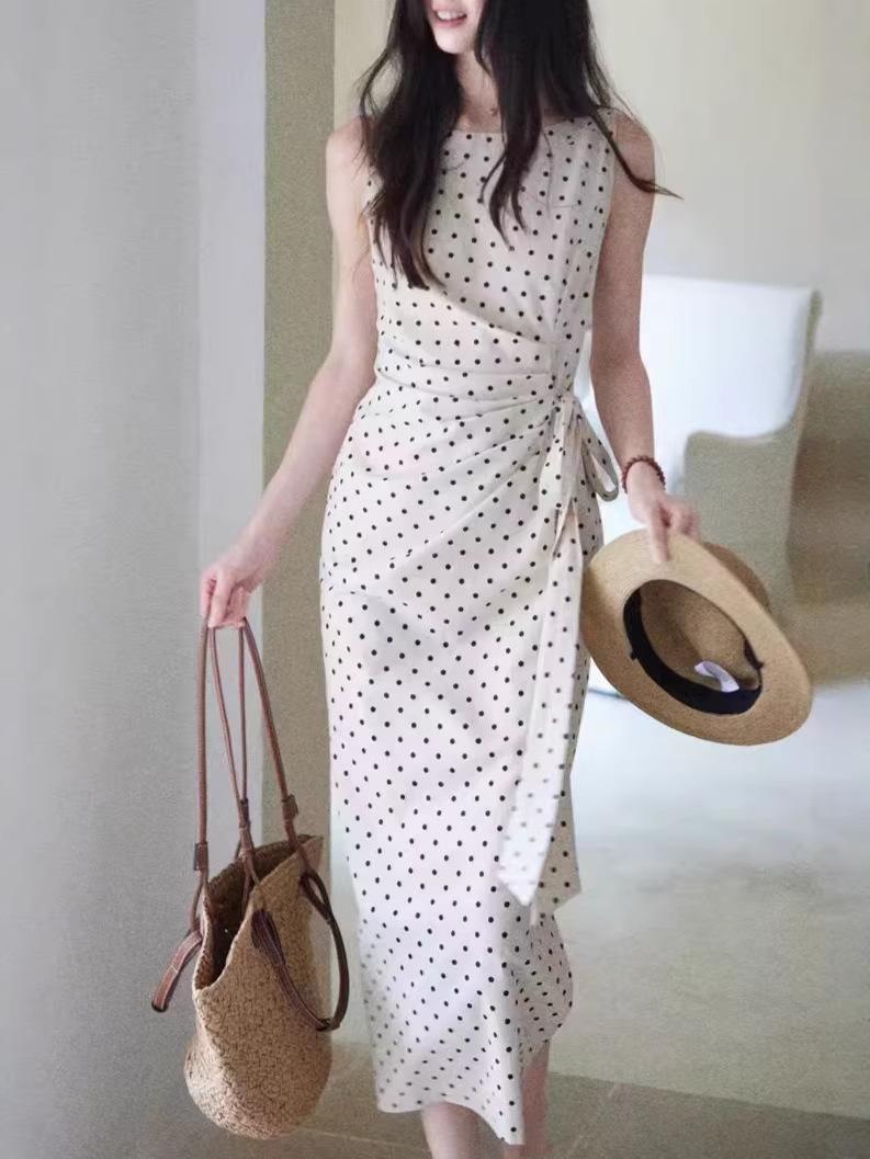 Songjianyue Elegant Polka Dot Linen-Cotton Dress for Women Large