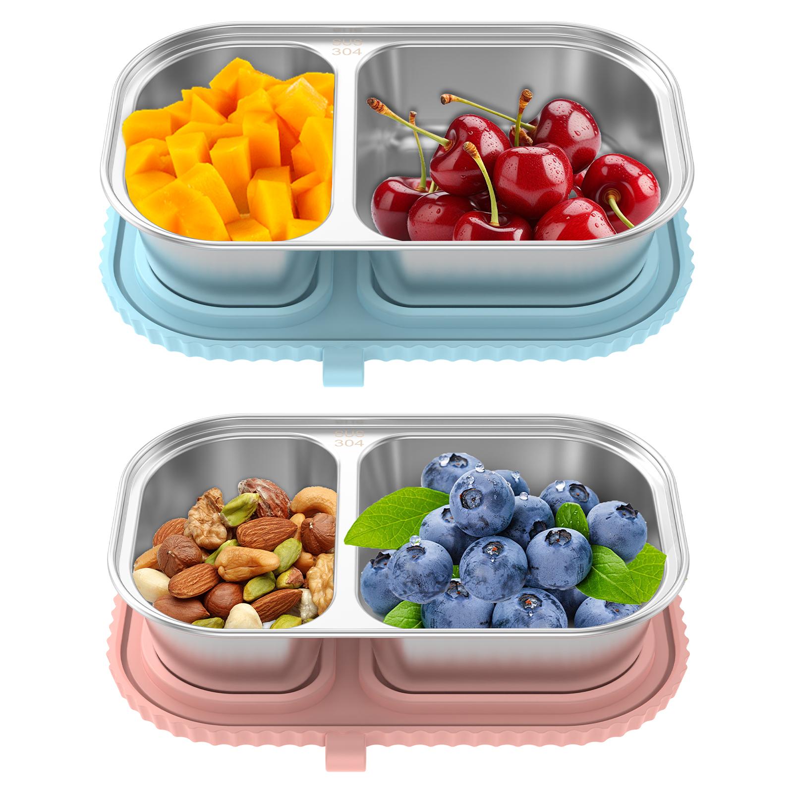 2 Pcs Snack Container Stainless Steel Food Snack Box Leak Proof Fruit Storage Boxes with Silicone Lids Reusable Food Containers