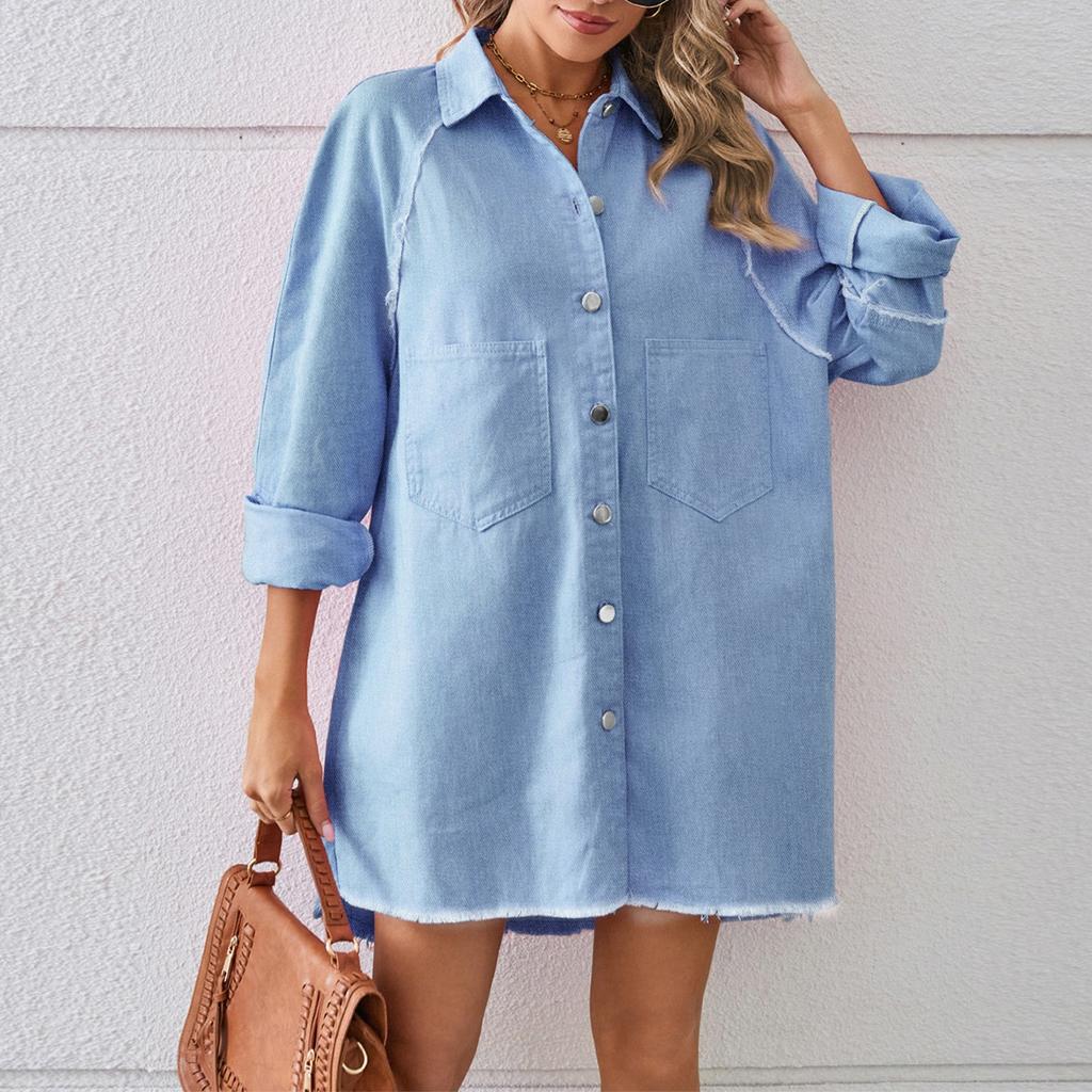 Γυναικεία μόδα casual μονόχρωμο Vintage πλυμένο τζιν Loose casual μακρυμάνικο μπλουζάκι