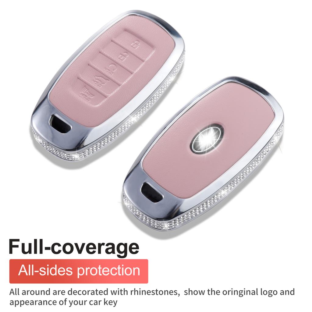 For Hyundai Key Fob Cover with Keychain, Pink Leather Key Case Protection Shell Fit for 2022 2021 2020 Hyundai Sonata Santa Fe T