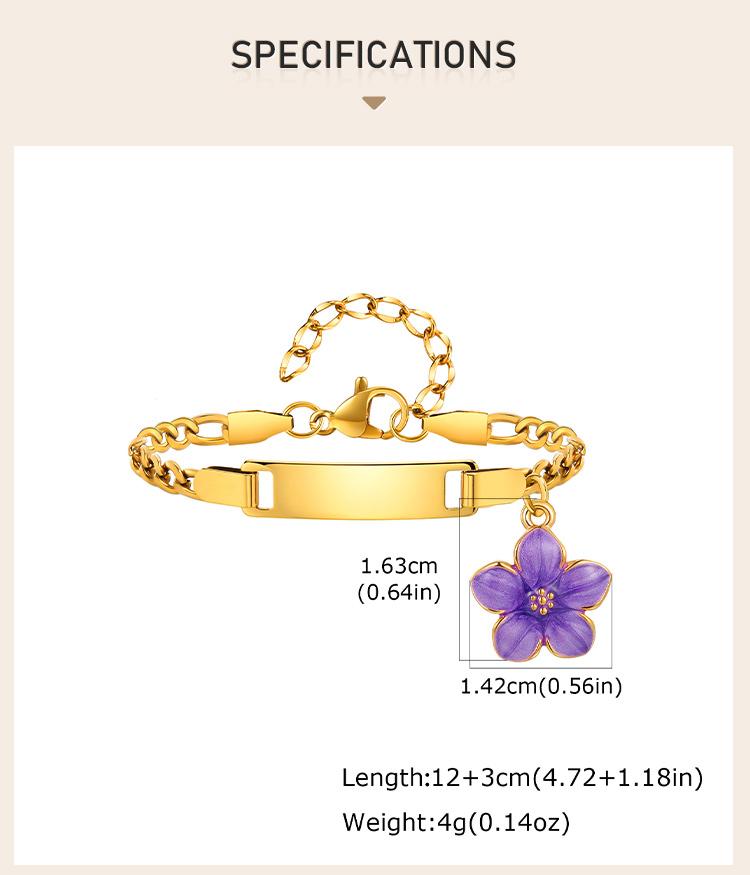 Stainless Steel Engravable Bar ID Namedate Bracelet, Cherry Blossom Charms Kids Bracelet, Personalized Newborn Birthday Gift
