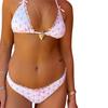 Damskie 2-częściowe stroje kąpielowe bikini z kwiatowym nadrukiem, wiązane, halter na szyję, bez rękawów, wyściełany biustonosz, stringi, zestaw plażowy do kąpieli