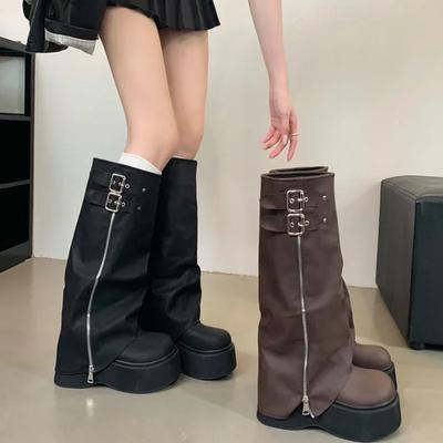 Fashion Autumn Winter Chunky Women Knight High Boots Fashion Platform Flats Trouser Long Booties Female Western Cowboy Shoes