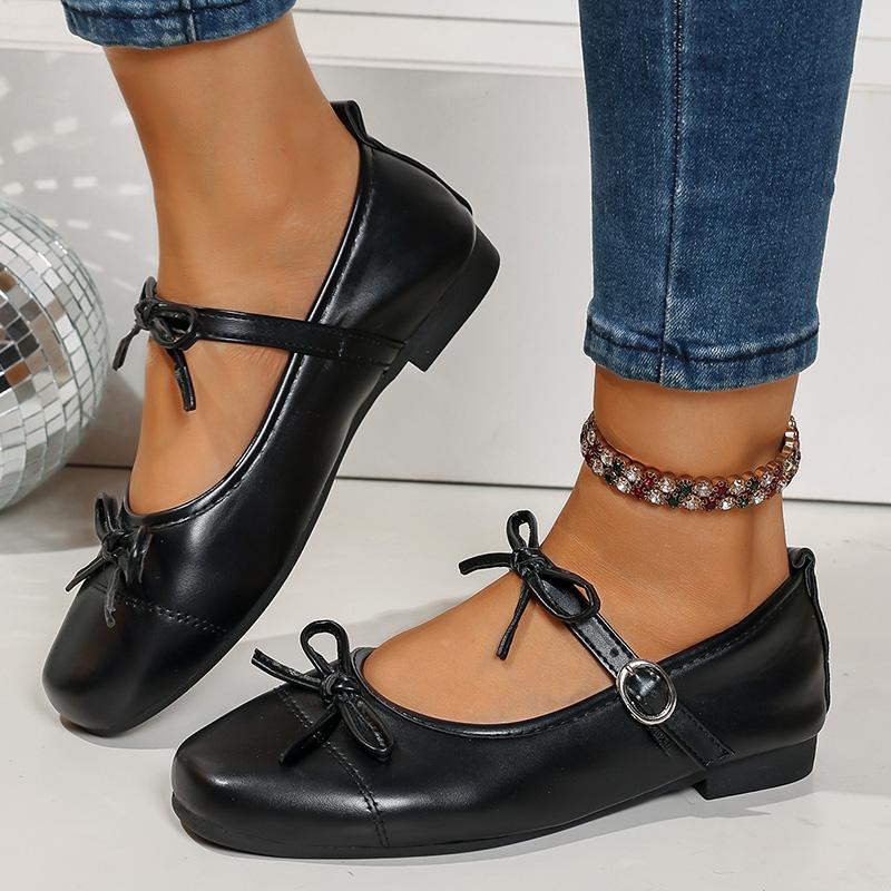 Fashion Fashion Bowknot Decor Flat Heel Mary Jane Shoes for Women Gold Silver Buckle Strap Lolita Shoes Woman Lightweight Comfort Flats