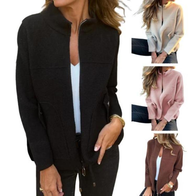 Women Woolen Coat Stand Collar Lightweight Warm Jacket Long Sleeve Solid Color Daily Wear with Pockets