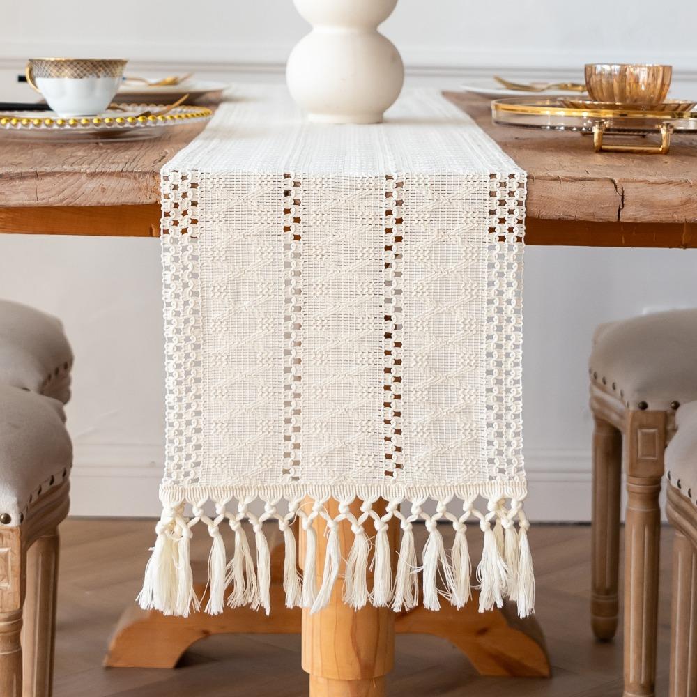 

American Style Cotton and Linen Table Runner Solid Color Rectangular Festival Dining Table Cover Rustic with Tassel