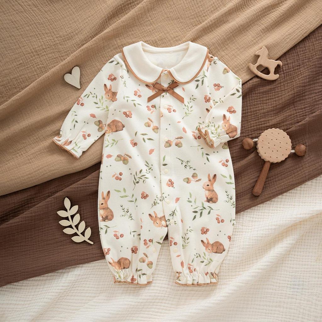 Mono de Algodón Floral Tipo A de Cuatro Estaciones para Bebés Niñas - Atuendo de Princesa para Primavera y Verano para Celebración de 100 Días