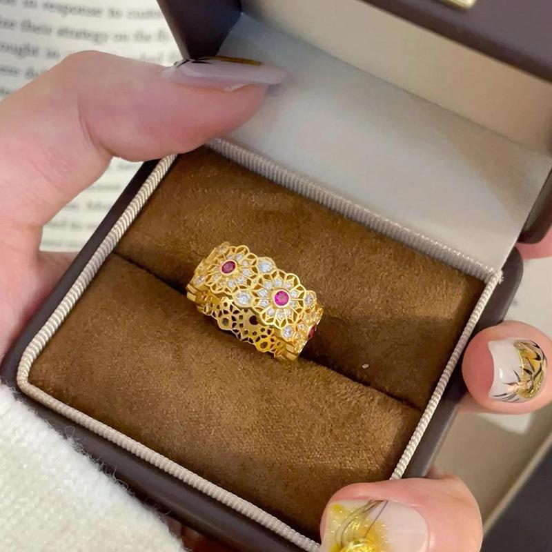 Micro-inlaid zircon hollow flower window opening ring light luxury niche fashion versatile temperament jewelry