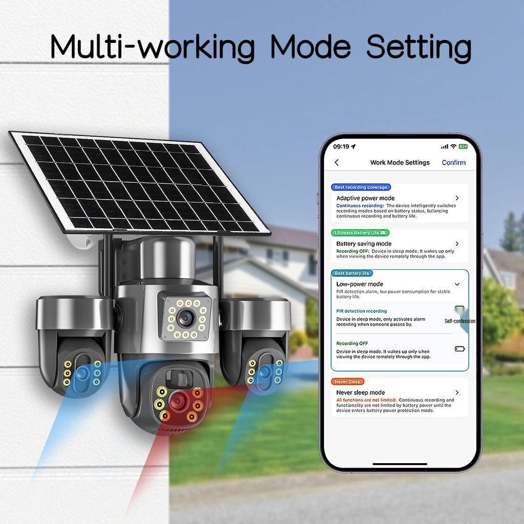 V380PRO 9MP 3-Lens Solar-Powered Camera with 3-Axis Gimbal and Night Vision