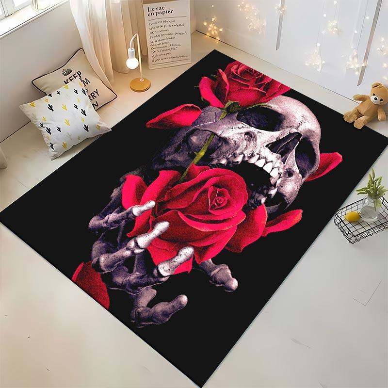 Gothic Skull and Red Roses Print Carpet with Black Background Suitable for use as an anti-slip for living room bedroom sofas