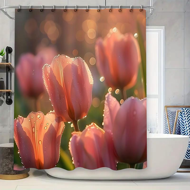 Elegant Tulip Shower Curtain with Dew Drops - Nature-Inspired Bathroom Decor for a Relaxing Ambiance Waterproof  Durable