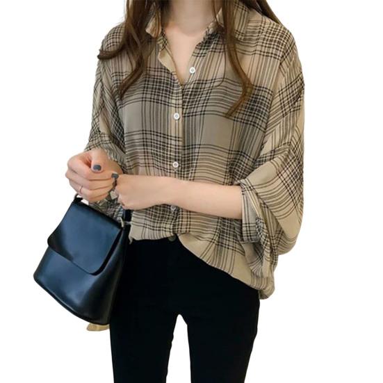 

Lapel Batwing Long Sleeve Buttons Placket Women Shirt Classic Plaid Print Casual Thin Shirt Blouse Female Clothing 3XL абрикосовий