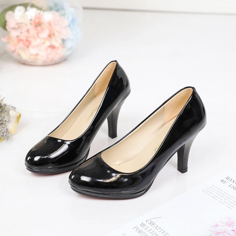 Nouveaux escarpins printemps et été pour femmes, bout rond, ouverture peu profonde, talon fin, cuir verni, chaussures de travail quatre saisons, grandes tailles