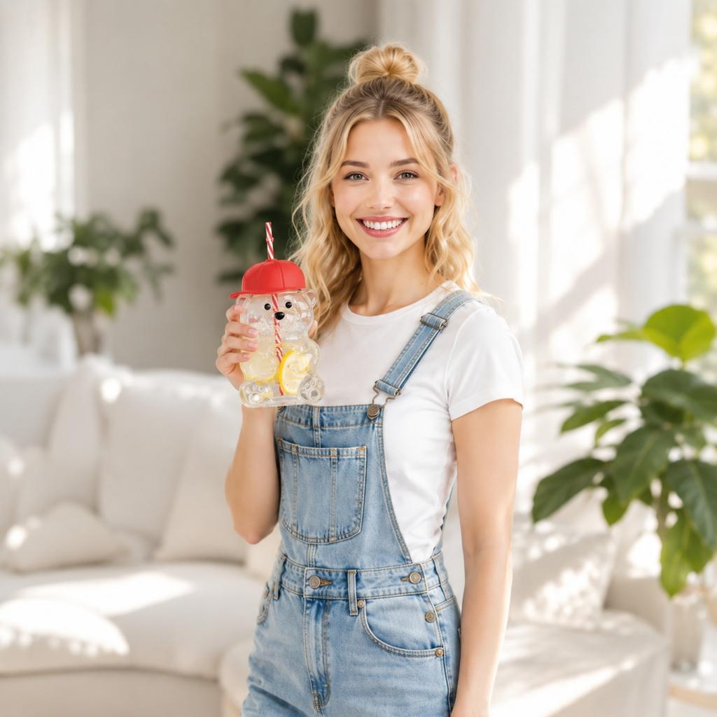 Bear Shaped Drinking Glass with Baseball Cap Lid and Reusable Straw BPA Free Plastic Cup for Kids and Adults Novelty Beverage Container