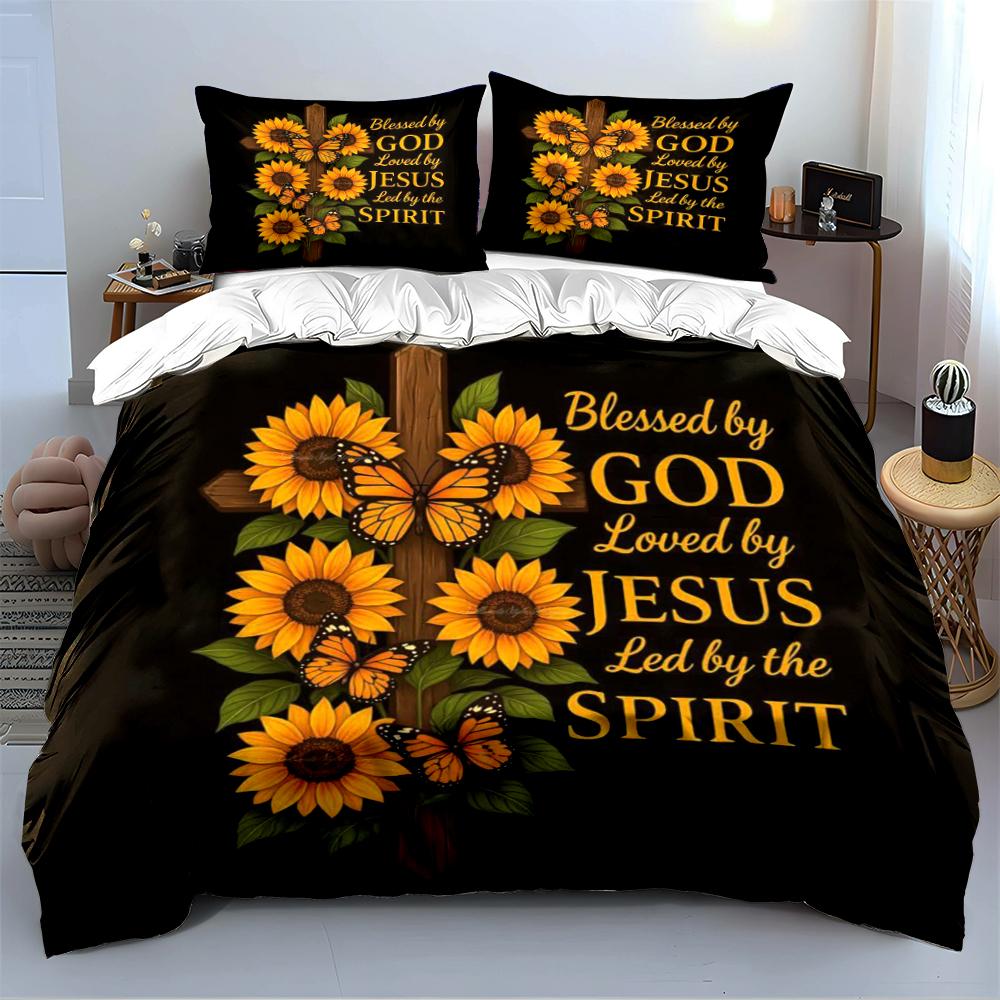 Blessed by God Cross Sunflower Bedding Set Bedding Set (1 Duvet Cover, 2 Pillowcases, Duvet Not Included)