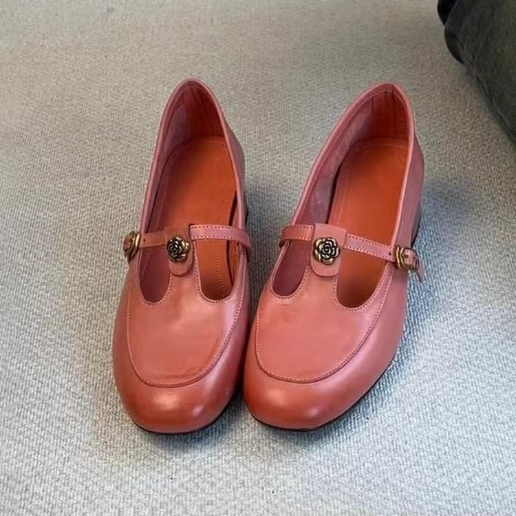 Pink Low-heeled Small Leather Shoes Shallow Single Shoes Women's 2025 Spring New Soft Leather Women's Shoes T-strap Mary Jane Shoes Women's