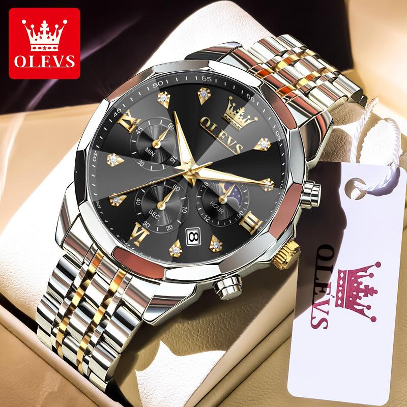 OLEVS Men Watch Fashionable Original Moon Phase Quartz Watch Waterproof Luminous Automatic Date Stainless Watch Gifts