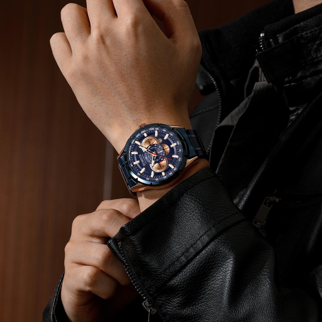 Gohuos 6003 Casual Sport Chronograph Men's Watches Stainless Steel Band Wristwatch Big Dial Quartz Clock with Luminous Pointers