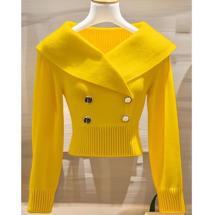 2026 Autumn/Winter French Chic White Lapel Knitwear: Women's Elegant, Waist-Cinched Slimming Sweater.
