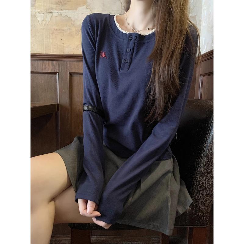 Women Embroidered Design Half Open Collar Long Sleeve Casual Layering T Shirt