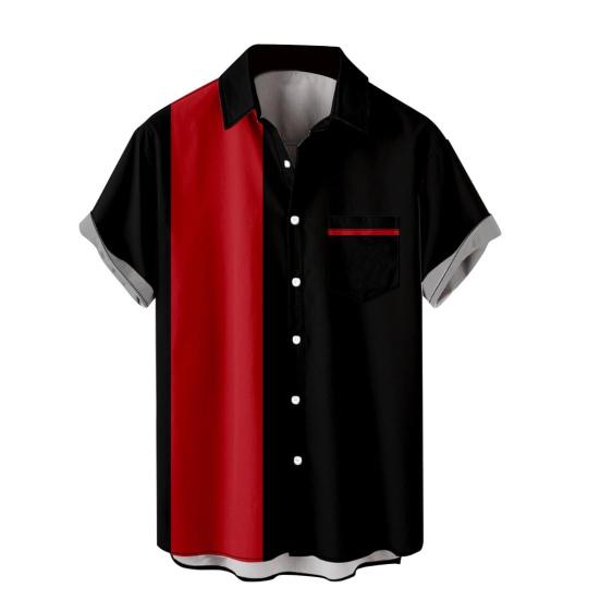 Men Casual Shirt Lapel Short Sleeve Single Breasted Shirt Loose Fit Hawaiian Style Button-Up Bowling Shirt