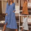 Women Bohemian Cotton Linen Dress Oversized V-neck Long Sleeve Swing Dress Pleated Ruffle Tiered Flowy Long Dress