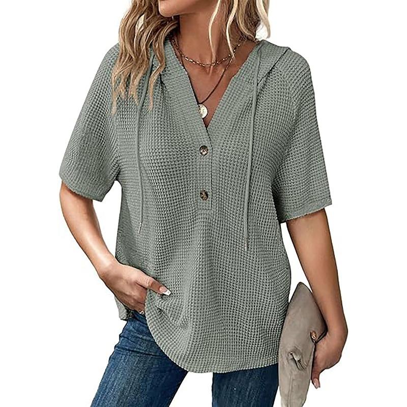 TIFICY Women's Fashion Casual Summer Spring Solid Color Print Short Sleeve Hooded Blouses & Shirts