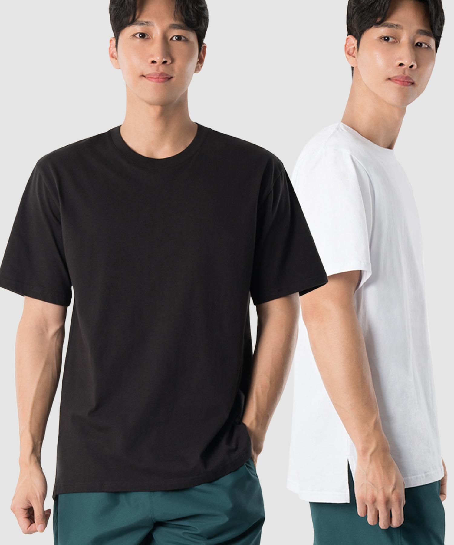 Armedes [2Pack] Layered 20-Count Asymmetrical Side Slit Round Short Sleeve T-Shirt Ar-509 Black+White/M