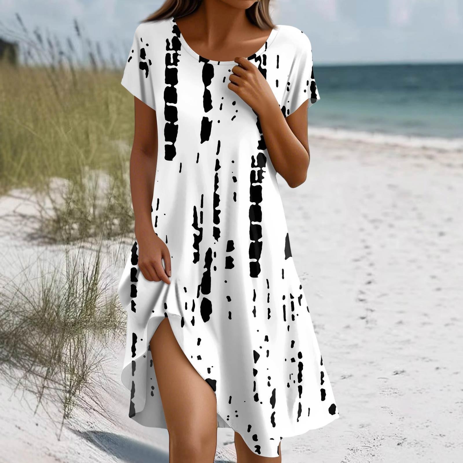 

Платье в стиле бохо с коротким рукавом для женщин, повседневное, свободного кроя, летнее, сарафан с цветочным принтом и карманами M белый