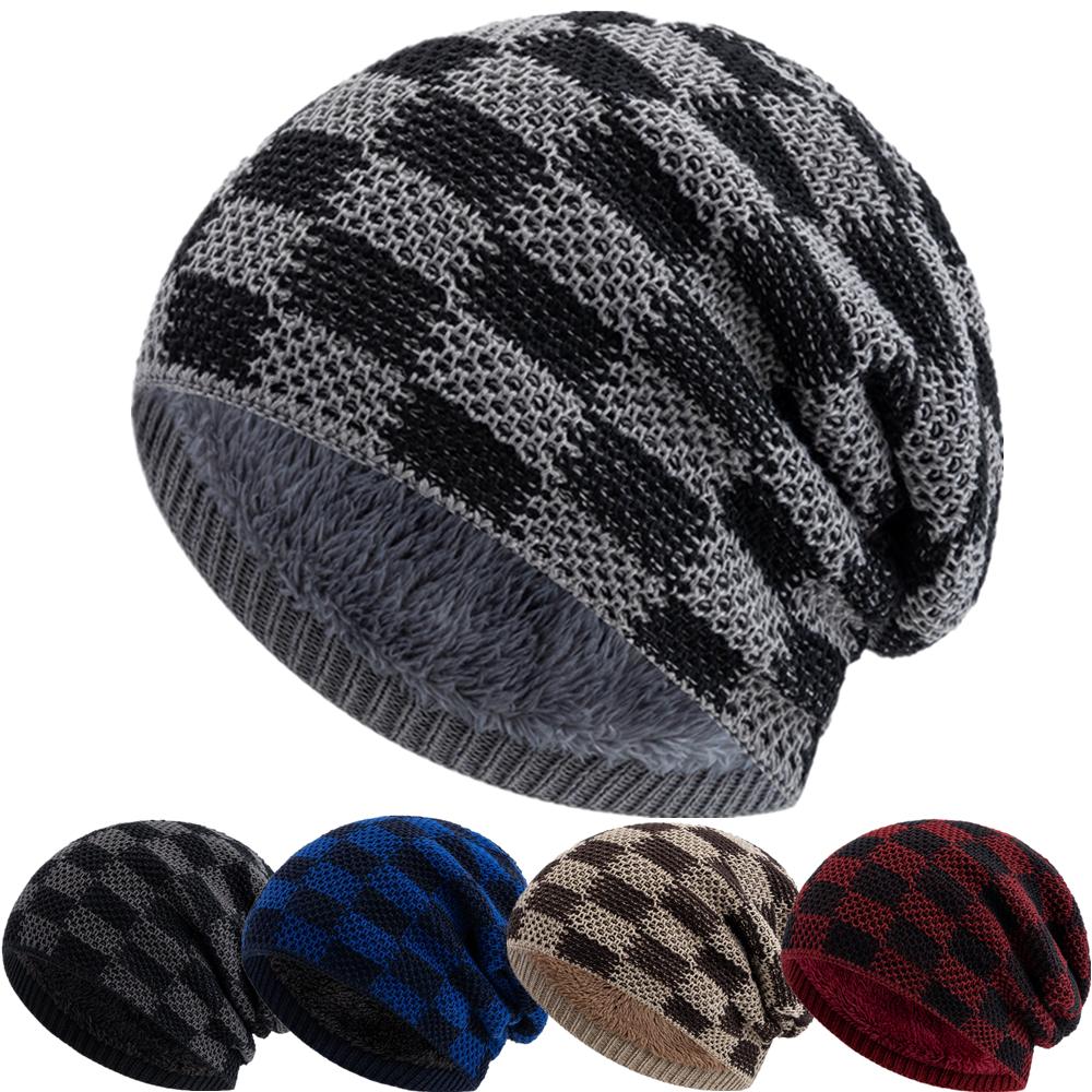 New Unisex Slouchy Winter Hat Two Tone Grid Design Beanie Hats For Men Women Casual Decor Winter Ski Knitted Hats