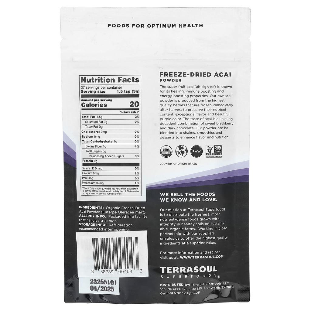 Terrasoul Superfoods, Acai-Pulver, gefriergetrocknet, 4 oz (113 gr)