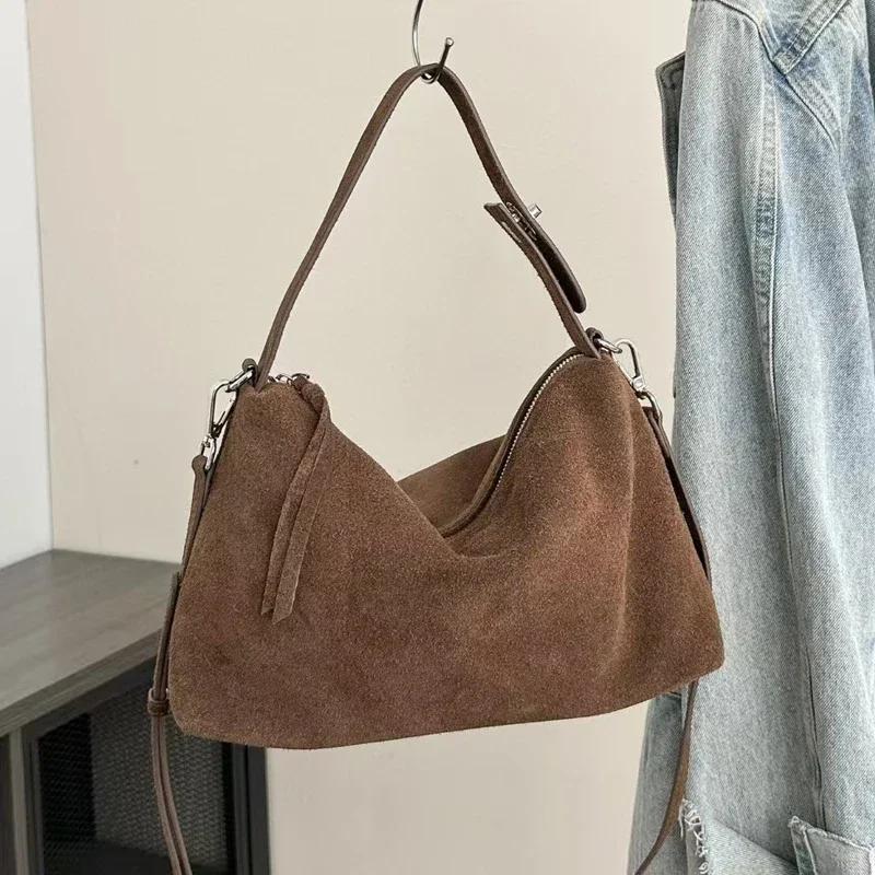 Women's Soft Matte Suede Leather Handbag Lady Cowhide Shoulder Crossbody Bag Simple Cow Leather Colleti Grey Brown Tote Bags
