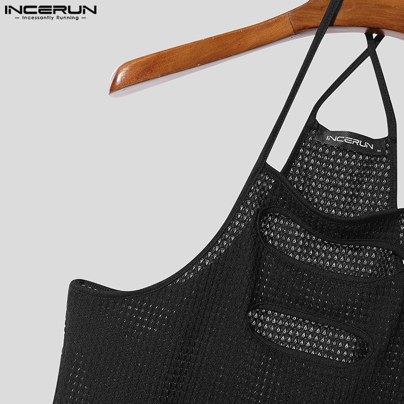 INCERUN Men Strap Sleeveless Hollow Out Mesh Sheer Solid Tanks Camisole