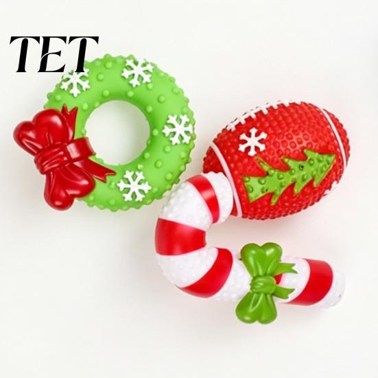Elastic Rubber Dog Chews Christmas Squeaky Chew Toys, Teeth Cleaning Interactive Pet Holiday Themed Fetch Toys for Pets Balls with Candy Cane