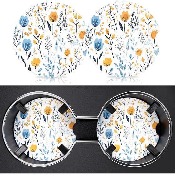 2 Pack Car Cup Holder Coasters, 2.63 Inch Anti Slip Ceramic Absorbent Coaster with Cork Base and Finger Notch, Cute Car Accessories Interior for