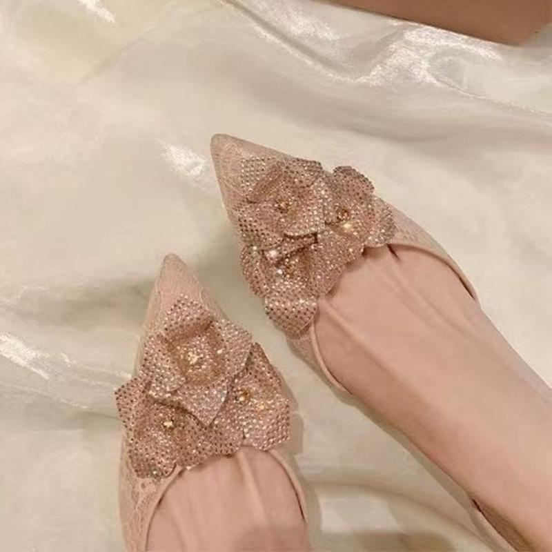 Fashion Party High Heels Summer New Pointy Head Shallow Mouth Glitter Flower Lace Cloth Soft Soled Anti-slip Wear-resistant Sandals